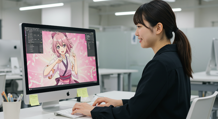 日本の女の子アニメが描かれたディスプレイ、背景は明るいオフィス、30代のアジア人女性が画面を操作、微笑んでいる