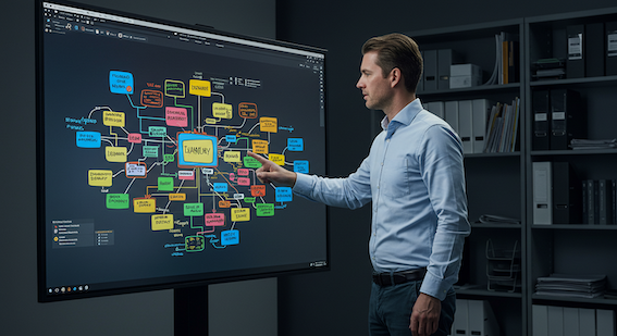 白人男性が大きな画面でマインドマップを操作している。背景には資料が並ぶ棚があり、集中した表情。